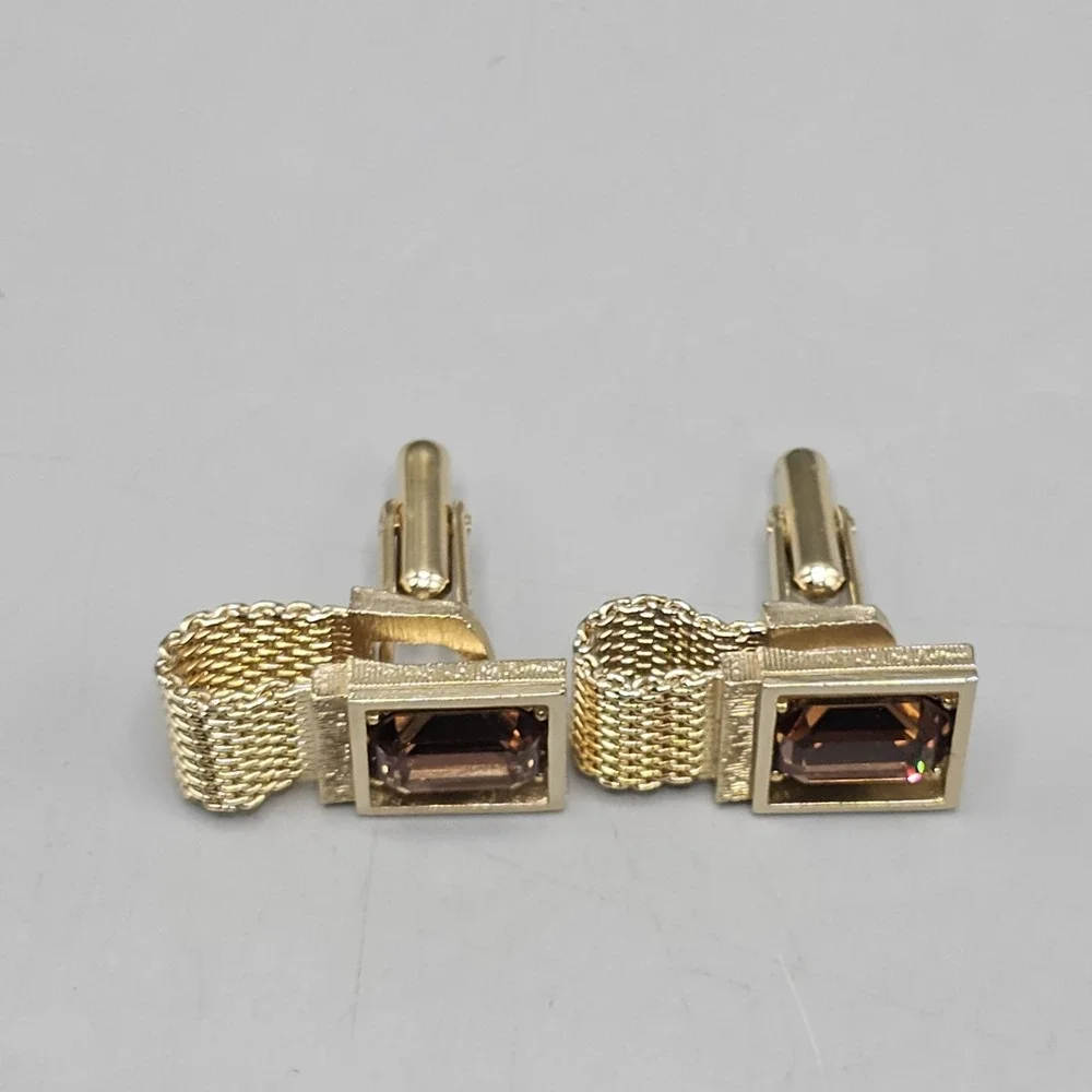 Vintage MCM Gold Tone Smoky Amber Tone Mesh Wrap Cufflinks Quiet Luxury Preppy